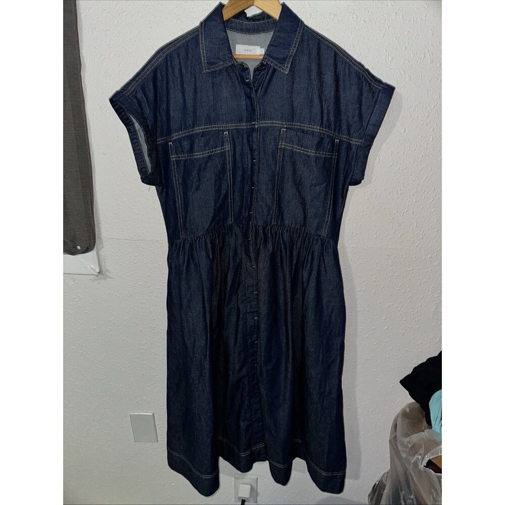 Maye Haper Dark Blue Denim Dress Thick Full Button Up 100% Cotton Women’s Lrg